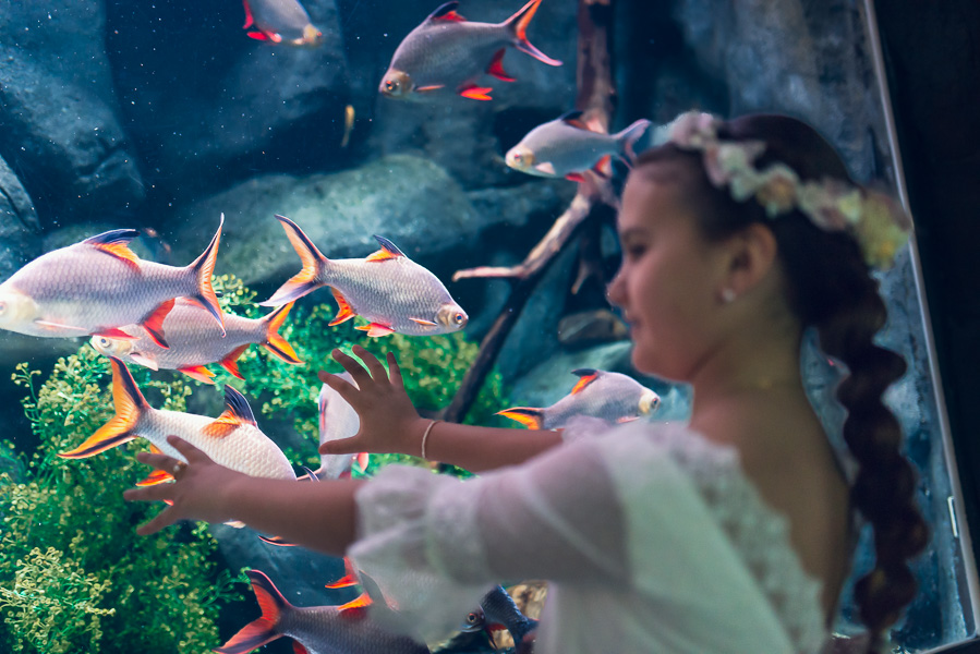 irene posando feliz durante su reportaje de comunión en el acuario de zaragoza